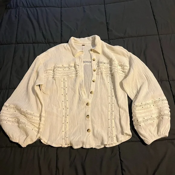 Free People Cream Button-Up Blouse with Lace Details - Picture 2 of 13